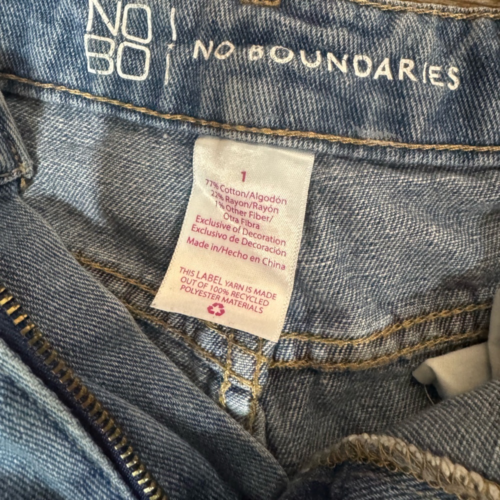 No Boundaries Blue and Red Jean Shorts with Distressed Hem - Picture 6 of 6